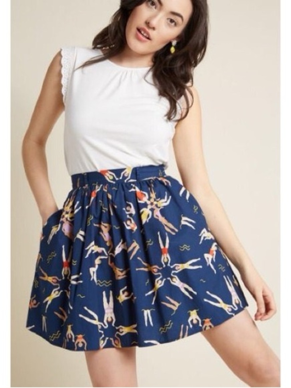 ModCloth A-line swingy skirt with pockets. Summer swimmers print. Side zip.